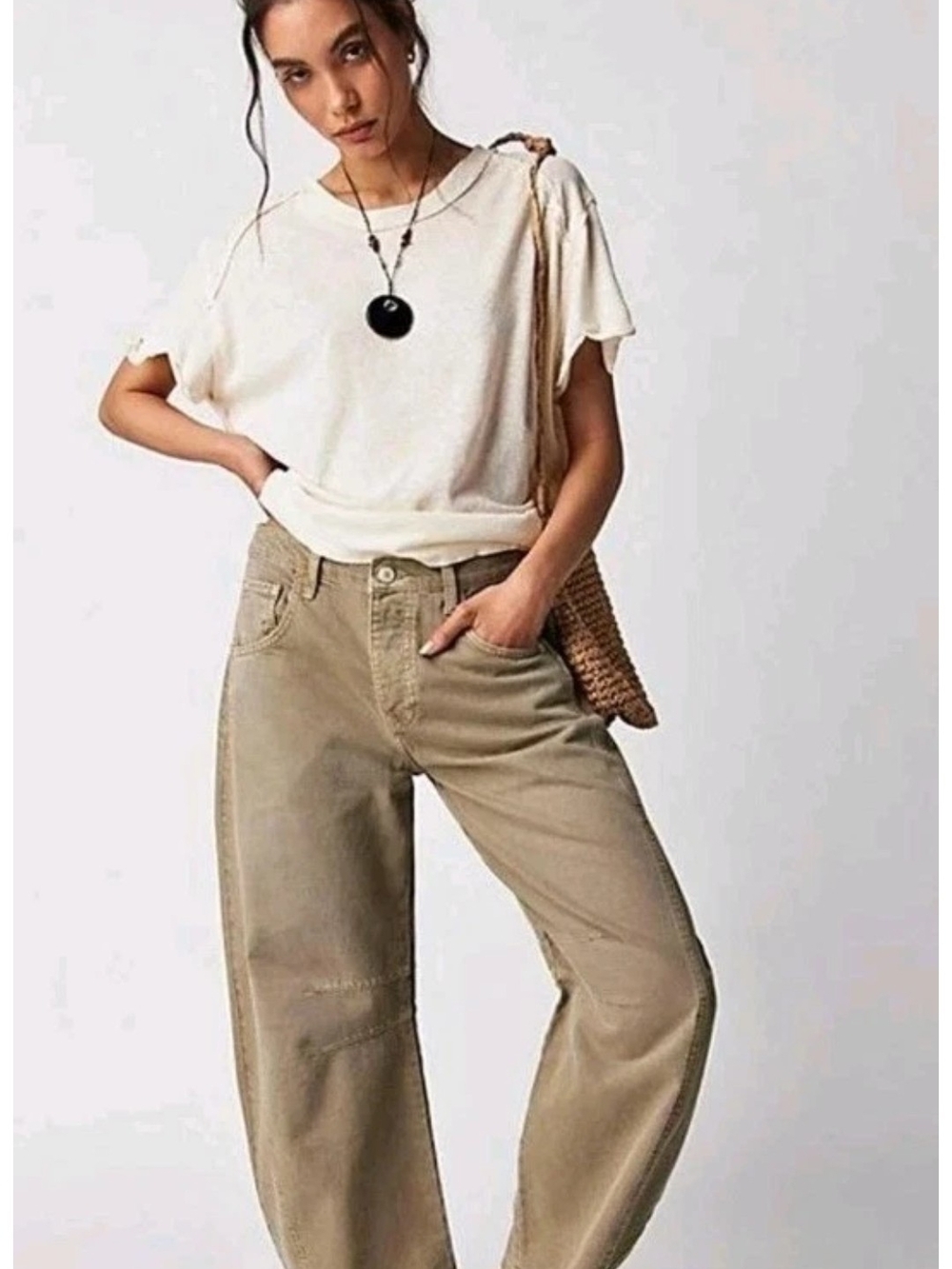FREE PEOPLE We The Free Good Luck Mid-rise Barrel Jeans in Khaki